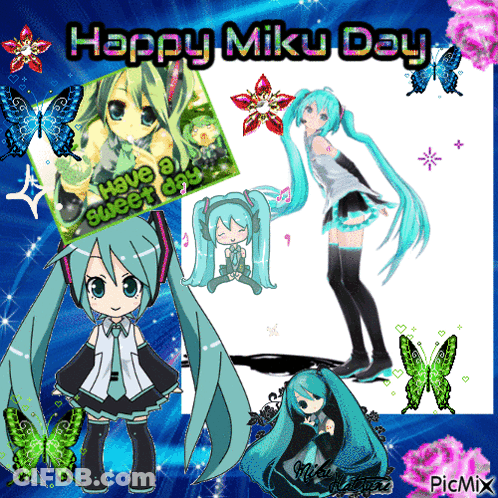 A Picture Of Hatsune Miku With The Words Happy Miku Day On Top GIF