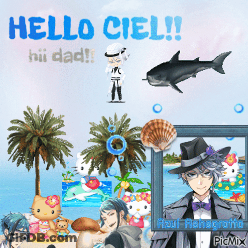 A Picture Of Hello Kitty And A Shark With The Words Hello Ciel On It GIF