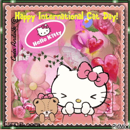 A Picture Of Hello Kitty And A Teddy Bear With The Words Happy International Cat Day GIF