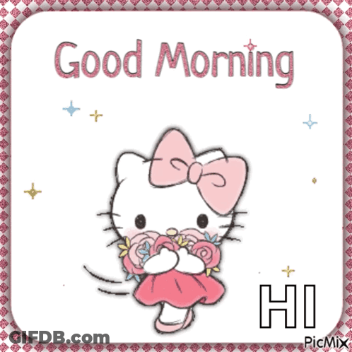 A Picture Of Hello Kitty Surrounded By Flowers And The Words Good Morning Hi GIF