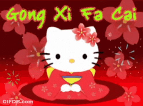 A Picture Of Hello Kitty With Gong Xi Fa Cai Written On The Bottom GIF