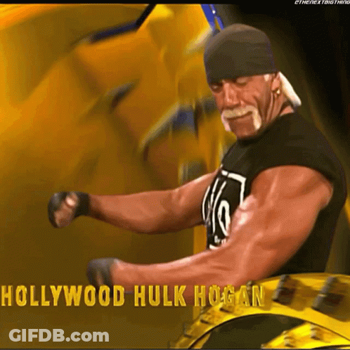 A Picture Of Hollywood Hulk Hogan Is Displayed On A Yellow Background GIF