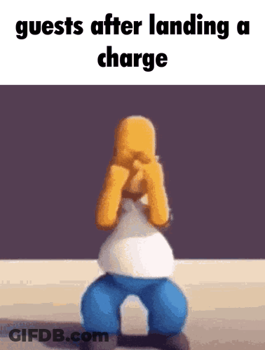 A Picture Of Homer Simpson Dancing With The Words Guests After Landing A Charge Above Him GIF