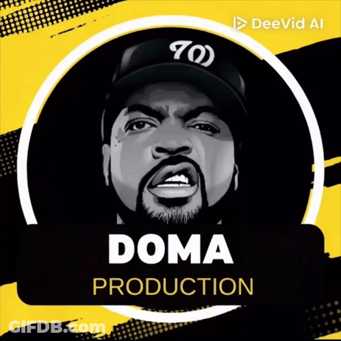 A Picture Of Ice Cube With The Words " Doma Production " On The Bottom GIF