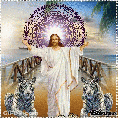 A Picture Of Jesus And Two Tigers With The Word Blingee In The Corner GIF
