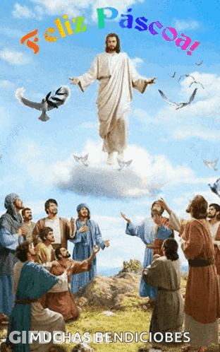 A Picture Of Jesus Flying Through The Air With The Words Feliz Pascoa Muchas Bendiciobes GIF