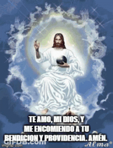 A Picture Of Jesus In The Clouds With The Words " Te Amo Mi Dios " GIF