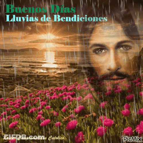 A Picture Of Jesus In The Rain With The Caption Buenos Dias GIF