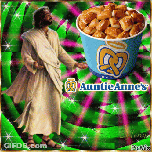 A Picture Of Jesus Next To A Bucket Of Pretzels That Says Auntieanne 'S On It GIF