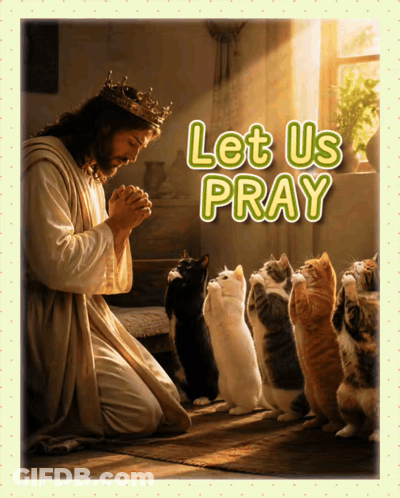 A Picture Of Jesus Praying With Cats And The Words Let Us Pray Below GIF