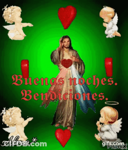 A Picture Of Jesus Surrounded By Angels And The Words " Buenas Noches " GIF
