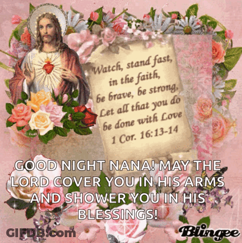 A Picture Of Jesus Surrounded By Flowers And A Scroll That Says " Watch Stand Fast In The Faith Be Brave Be Strong " GIF