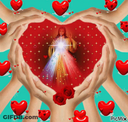 A Picture Of Jesus Surrounded By Hearts And Roses GIF