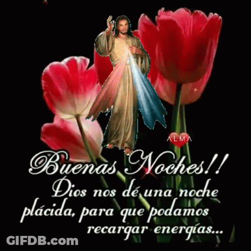 A Picture Of Jesus Surrounded By Red Flowers With A Message In Spanish GIF
