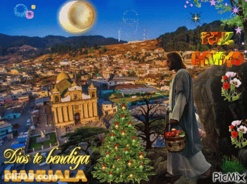 A Picture Of Jesus With A Christmas Tree And The Words Dios Te Bendiga Nahuala GIF
