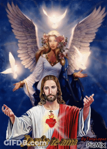 A Picture Of Jesus With An Angel And The Words Jesus Te Ama GIF