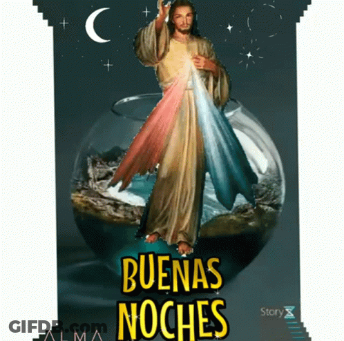 A Picture Of Jesus With The Words " Buenas Noches " On The Bottom GIF