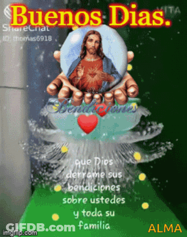 A Picture Of Jesus With The Words " Buenos Dias " On It GIF