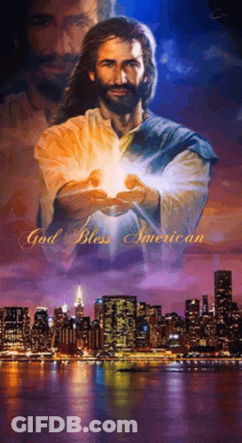 A Picture Of Jesus With The Words God Bless American GIF