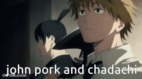 A Picture Of John Pork And Chadachi With Two Anime Characters GIF