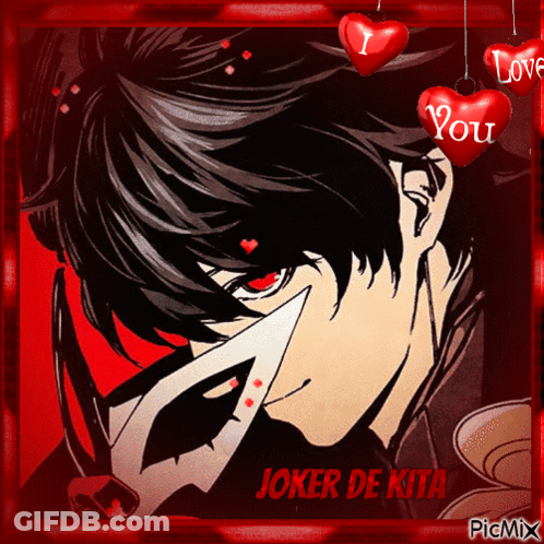 A Picture Of Joker De Kita With Red Hearts Hanging Around Him GIF