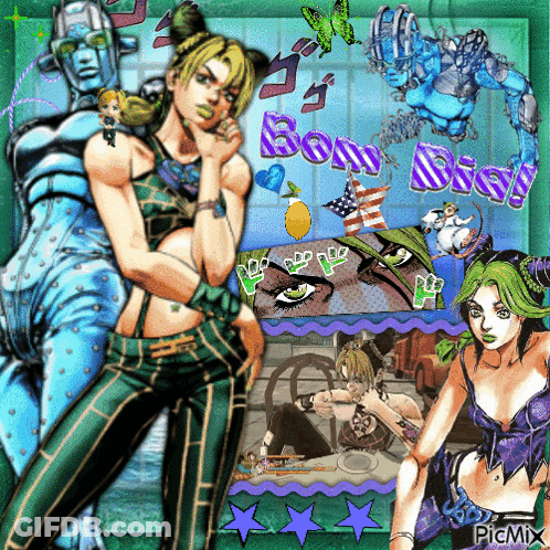 A Picture Of Jotaro And Jolyne From Jojo 'S Bizarre Adventure With The Word Bony On The Bottom GIF