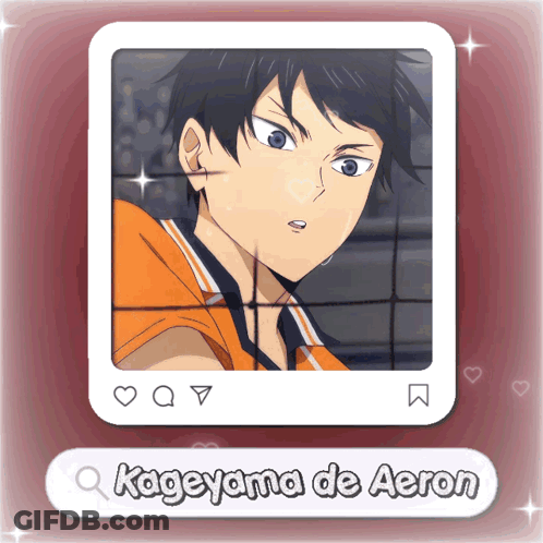 A Picture Of Kageyama De Aeron Is Displayed On A Red Background GIF