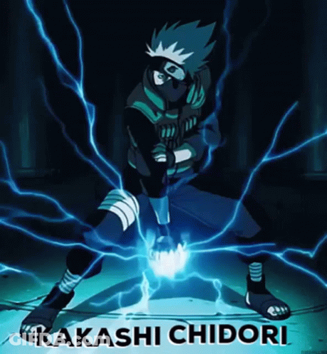 A Picture Of Kakashi Chidori From Naruto With Lightning Behind Him GIF