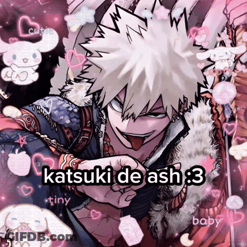 A Picture Of Katsuki De Ash Surrounded By Pink Hearts And Tiny Hearts GIF