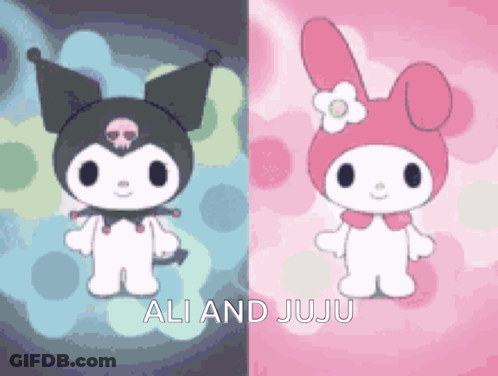 A Picture Of Kuromi And My Melody Standing Next To Each Other GIF