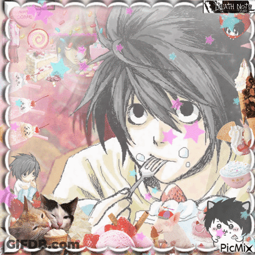 A Picture Of L From Death Note Eating Strawberries GIF