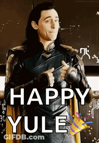 A Picture Of Loki Giving A Thumbs Up With The Words Happy Yule Behind Him GIF