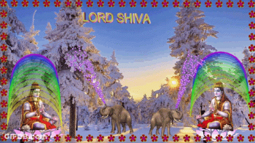 A Picture Of Lord Shiva With Elephants And A Rainbow In The Background GIF