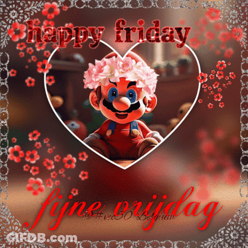 A Picture Of Mario With Flowers On His Head And The Words Happy Friday Fijne Vrijdag GIF
