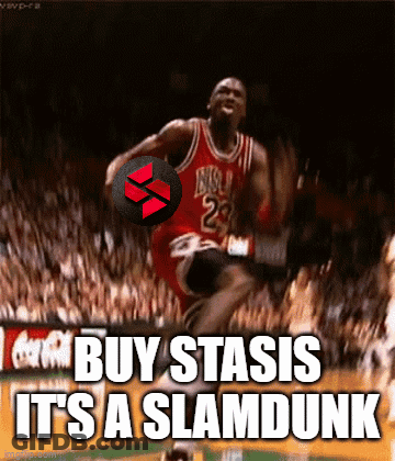 A Picture Of Michael Jordan Jumping In The Air With The Words Buy Stasis It 'S A Slam Dunk Below Him GIF