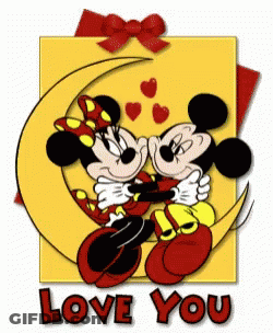A Picture Of Mickey Mouse And Minnie Mouse Kissing On A Crescent Moon With The Words Love You Below Them GIF