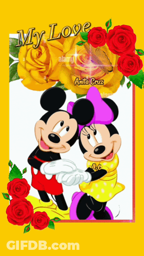A Picture Of Mickey Mouse And Minnie Mouse On A Yellow Background With The Words " My Love " GIF