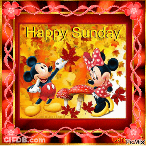 A Picture Of Mickey Mouse And Minnie Mouse With The Words Happy Sunday GIF