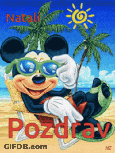 A Picture Of Mickey Mouse Wearing Sunglasses On A Beach With The Word Pozdrav In Red GIF