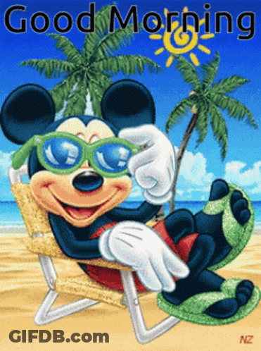 A Picture Of Mickey Mouse Wearing Sunglasses On The Beach With The Words Good Morning GIF