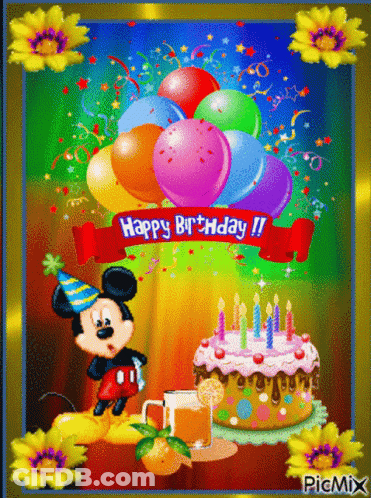 A Picture Of Mickey Mouse With Balloons And A Birthday Cake GIF