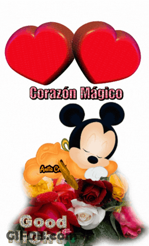A Picture Of Mickey Mouse With Two Hearts Above Him And The Words Good Night GIF