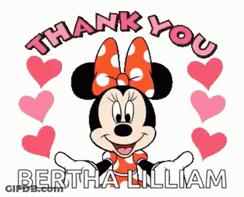A Picture Of Minnie Mouse Surrounded By Pink Hearts With The Words Thank You Bertha Lilliam GIF