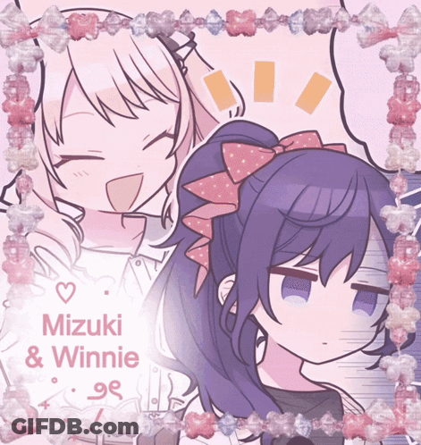 A Picture Of Mizuki And Winnie With A Pink Frame Around Them GIF