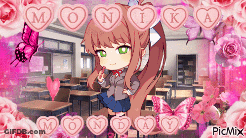 A Picture Of Monika In A Classroom With Pink Hearts And Butterflies GIF
