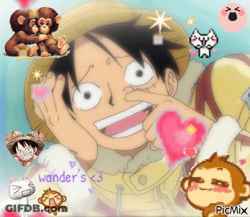 A Picture Of Monkey D Luffy Is Surrounded By Hearts And Monkeys GIF