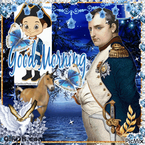 A Picture Of Napoleon With The Words Good Morning Written Above Him GIF