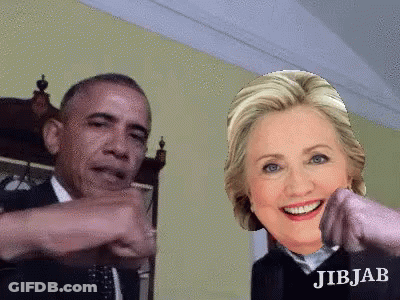 A Picture Of Obama And Hillary Clinton With Jibjab Written On Their Shirts GIF
