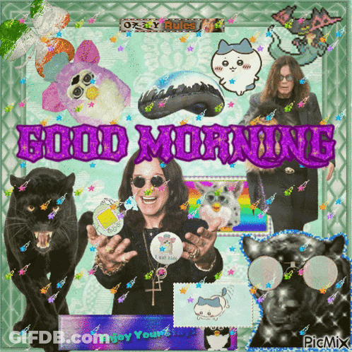 A Picture Of Ozzy Osbourne Is Surrounded By Furby Toys GIF