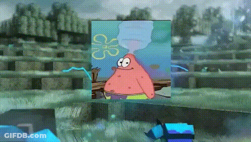 A Picture Of Patrick Star From Spongebob Squarepants With A Volcano In The Background GIF